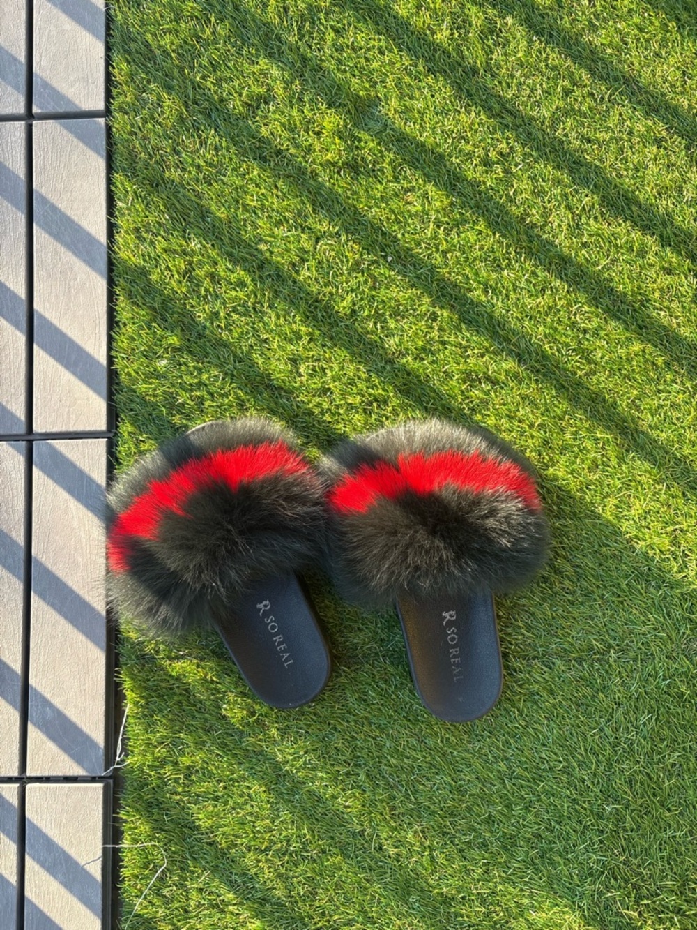 Black and Red Fur Slide Sandals